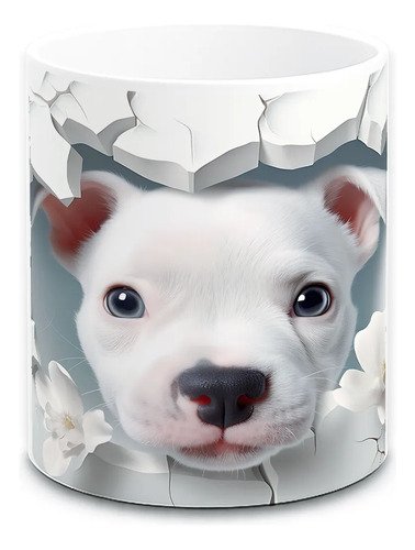 taza-perritos-3d-realista-11oz-regalo-varias-razas-lomitos-blanco-pared-pit-bull-terrier-blanco-cachorro-flores